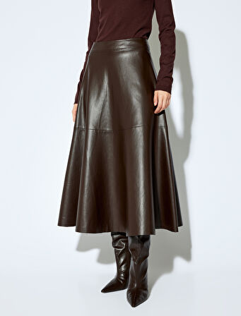 Koton X Melis Ağazat - Yuvarlak Kloş Form Midi Boy Suni Deri Etek 