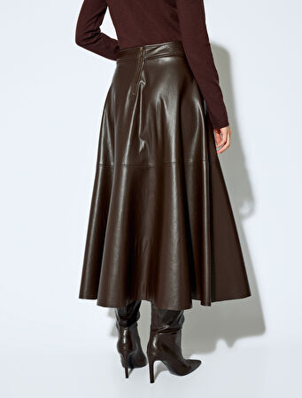 Koton X Melis Ağazat - Yuvarlak Kloş Form Midi Boy Suni Deri Etek 