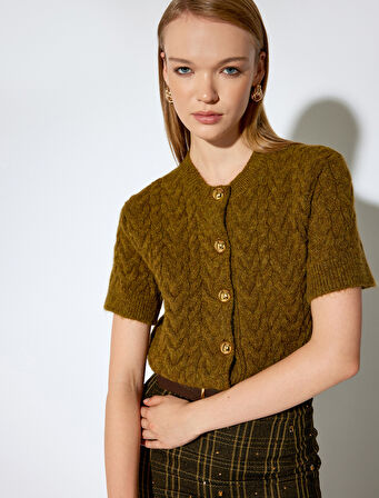 Koton X Melis Ağazat - Bisiklet Yaka Kısa Kollu Yün Karışımlı Saç Örgü Hırka