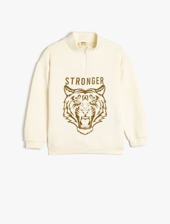 Kaplan Baskılı Fermuar Detaylı Pamuklu Şardonlu Sweatshirt