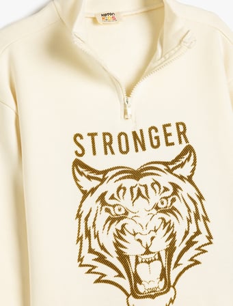 Kaplan Baskılı Fermuar Detaylı Pamuklu Şardonlu Sweatshirt