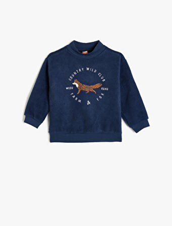Uzun Kollu Tilki Baskılı Dik Yaka Şardonlu Pamuklu Sweatshirt 