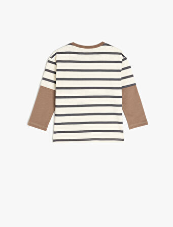 Cep Detaylı Çizgili Pamuklu Uzun Kollu Tişört