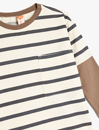 Cep Detaylı Çizgili Pamuklu Uzun Kollu Tişört