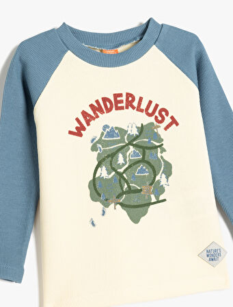 Baskılı Pamuklu Bisiklet Yaka Uzun Kollu Tişört