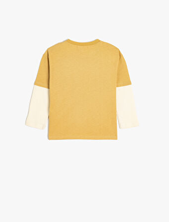 Bisiklet Yaka Baskı Detaylı Uzun Kollu Pamuklu Tişört