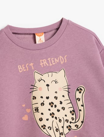 Sweatshirt Uzun Kollu Kedi Baskılı Bisiklet Yaka Şardonlu Pamuklu