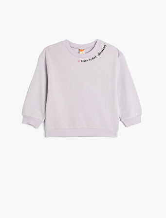 Uzun Kollu Slogan Baskılı Bisiklet Yaka Şardonlu Pamuklu Sweatshirt