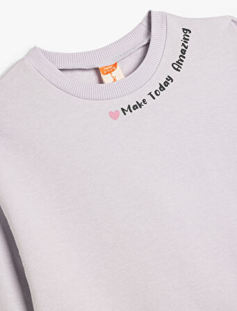 Uzun Kollu Slogan Baskılı Bisiklet Yaka Şardonlu Pamuklu Sweatshirt