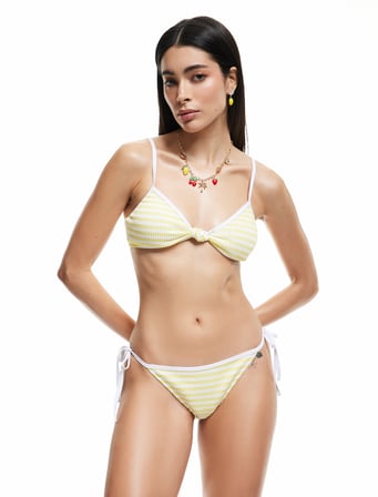 Koton X Sibil Çetinkaya - Düğüm Detaylı İnce Askılı Dokulu Çizgili Bikini Üstü
