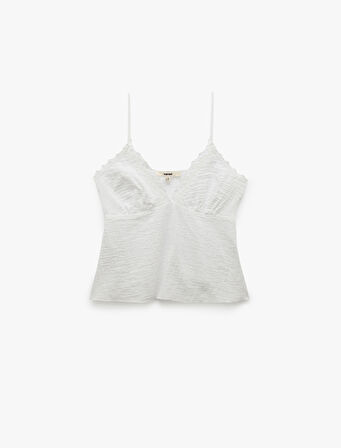 Pamuklu V Yaka Brodeli Müslin Askılı Bluz