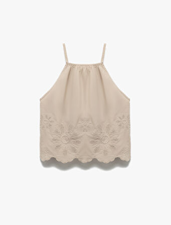 Pamuklu Floral Dokulu Fistolu Brodeli Halter Yaka Askılı Bluz