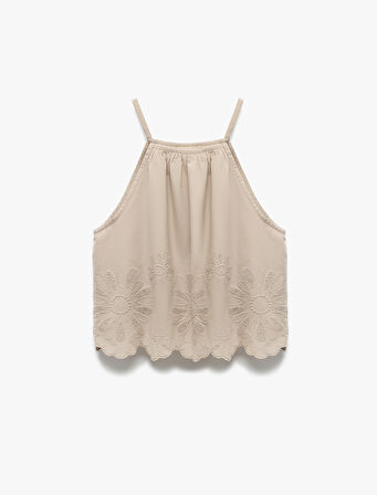 Pamuklu Floral Dokulu Fistolu Brodeli Halter Yaka Askılı Bluz