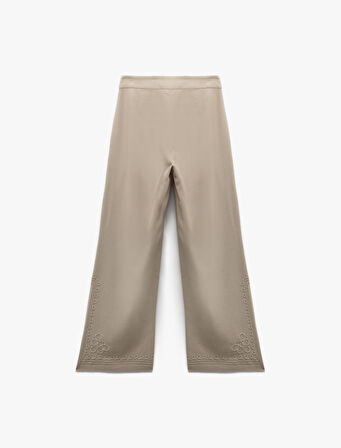 Pamuk Viskon Kumaş Yüksek Bel Cepli İşleme Detaylı Palazzo Pantolon