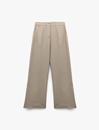 Pamuk Viskon Kumaş Yüksek Bel Cepli İşleme Detaylı Palazzo Pantolon