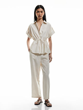 Cepli Dokulu Yüksek Bel Viskon - Keten Karışımlı Pantolon