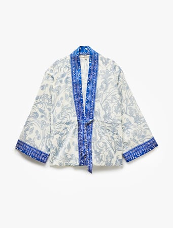 Pamuklu Cepli Bağlama Detaylı 3/4 Geniş Kollu Çiçekli Kimono