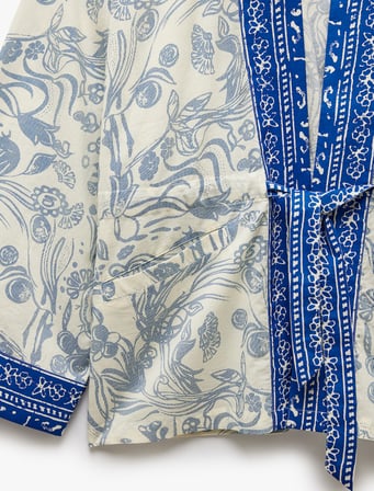 Pamuklu Cepli Bağlama Detaylı 3/4 Geniş Kollu Çiçekli Kimono