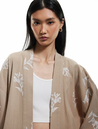 Pamuklu Geniş Kollu Nakışlı Çiçekli Uzun Kimono