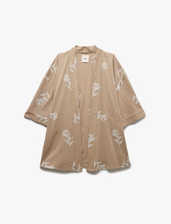 Pamuklu Geniş Kollu Nakışlı Çiçekli Uzun Kimono