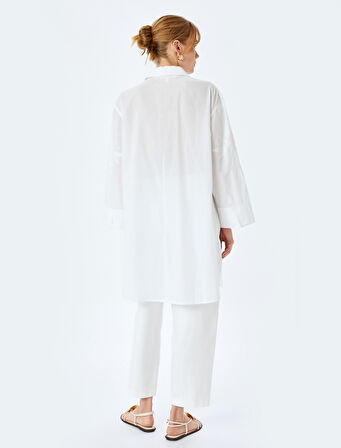 Pamuklu Floral İşleme Detaylı 3/4 Kol Gömlek Yaka Uzun Oversize Tunik