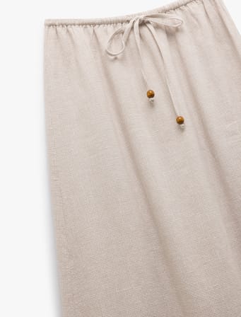 Keten Karışımlı Beli Bağlamalı A Kesim Kroşe Detaylı Uzun Etek