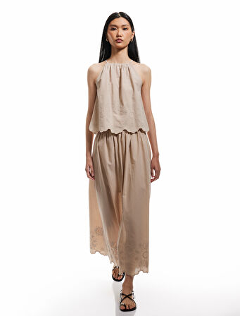 Astarlı Pamuklu Fistolu Brodeli Kloş Uzun Etek