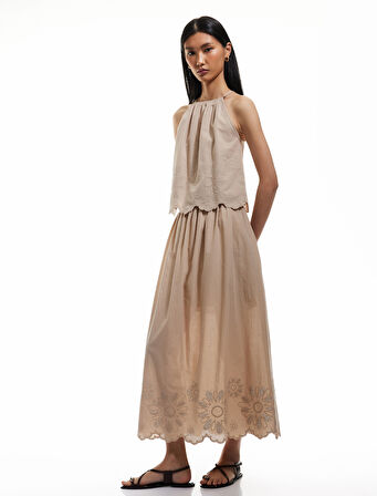 Astarlı Pamuklu Fistolu Brodeli Kloş Uzun Etek