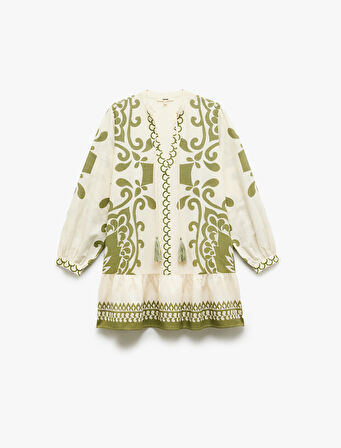 Viskon Kumaş Bağlamalı Yaka Nakışlı Etnik Desenli Plaj Elbisesi