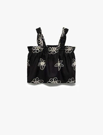 Askılı Kare Yaka Pamuklu Çiçekli Bluz