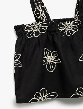 Askılı Kare Yaka Pamuklu Çiçekli Bluz