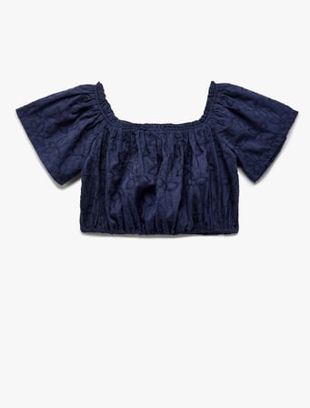 Pamuklu Brodeli Fistolu Kısa Kollu Crop Bluz