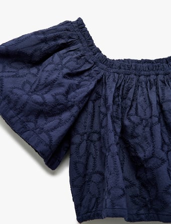 Pamuklu Brodeli Fistolu Kısa Kollu Crop Bluz