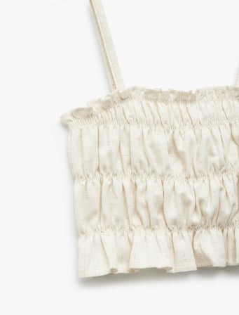 İp Askılı Büzgülü Keten Karışımlı Crop Bluz