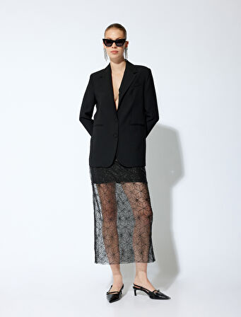 Taşlı Astarlı Slim Fit Midi Boy Kalem Tül Etek