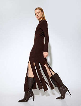 Koton X Melis Ağazat - Uzun Kollu Dik Yaka Asimetrik Triko Elbise