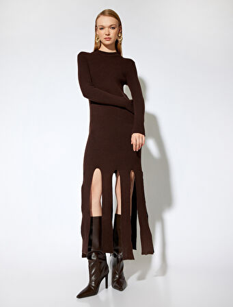 Koton X Melis Ağazat - Uzun Kollu Dik Yaka Asimetrik Triko Elbise