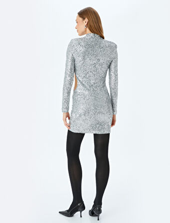 Dik Yaka Uzun Kollu Pencere Detaylı Payetli Mini Abiye Elbise