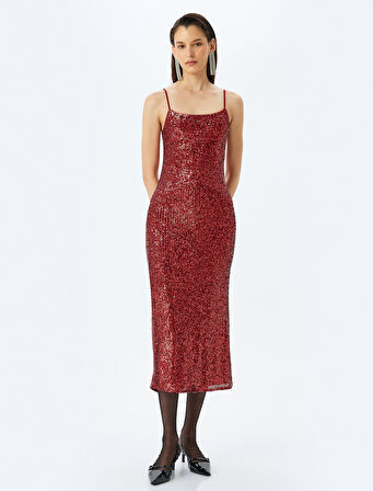 Pullu Payetli İp Askılı Slim Fit Uzun Abiye Elbise