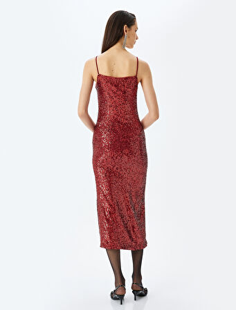 Pullu Payetli İp Askılı Slim Fit Uzun Abiye Elbise