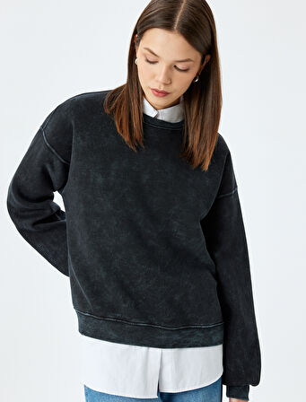 Bisiklet Yaka Yıkamalı Rahat Kalıp Sweatshirt