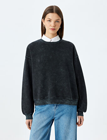 Bisiklet Yaka Yıkamalı Rahat Kalıp Sweatshirt