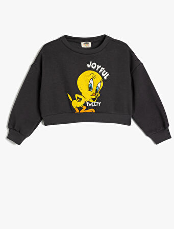 Crop Sweatshirt Tweety Baskılı Lisanslı Şardonlu Uzun Kollu 