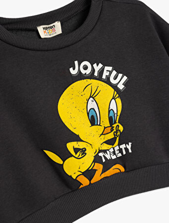 Crop Sweatshirt Tweety Baskılı Lisanslı Şardonlu Uzun Kollu 