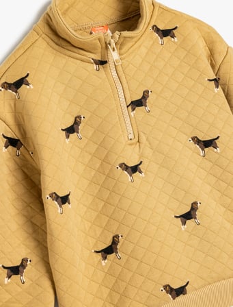 Yarım Fermuar Detaylı Köpek Desenli Uzun Kollu Kapitone Sweatshirt
