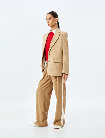 Yanları Şerit Detaylı Pile Detaylı Cepli Düz Bol Paça Kumaş Pantolon