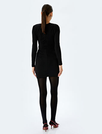 Drape Detaylı Uzun Kollu Mini Kalem Elbise