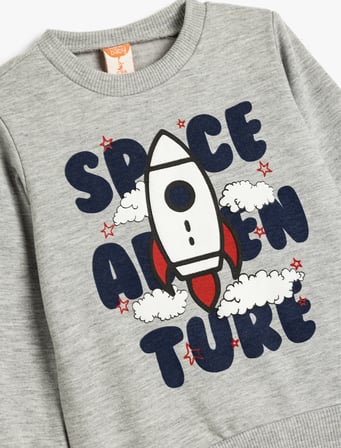 Sweatshirt Uzay Baskılı Şardonlu Uzun Kollu Bisiklet Yaka