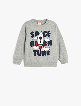 Sweatshirt Uzay Baskılı Şardonlu Uzun Kollu Bisiklet Yaka