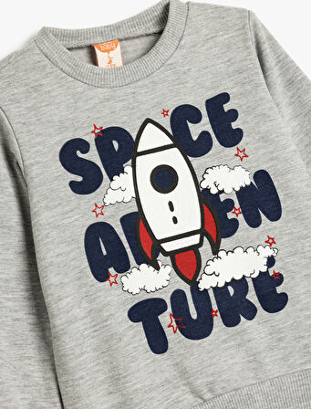 Sweatshirt Uzay Baskılı Şardonlu Uzun Kollu Bisiklet Yaka